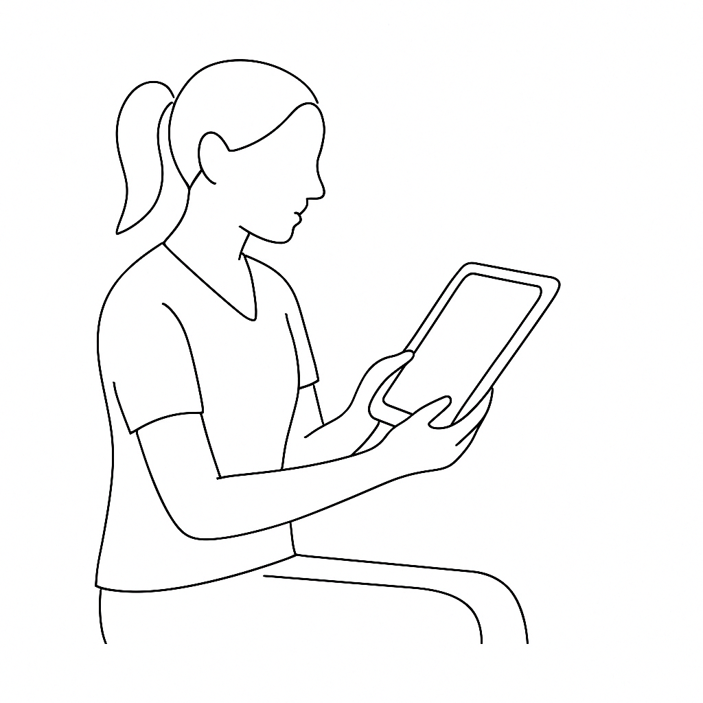 Linienzeichnung einer Person, die ein Tablet hält und sitzt, in einer neutralen Pose.