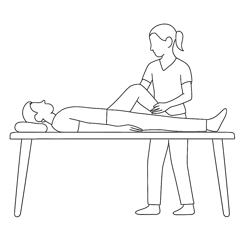 Eine schematische Darstellung einer Physiotherapie-Sitzung, in der eine Therapeutin einen Patienten behandelt, der auf einer Liege liegt.
