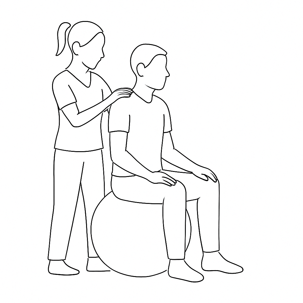 Eine skizzierte Darstellung einer Physiotherapeutin, die einen Klienten auf einem Gymnastikball behandelt.